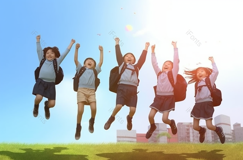 小学生在草地上跳跃振臂高呼,高清,摄影图,摄影图片,图片大全,摄影图免费下载